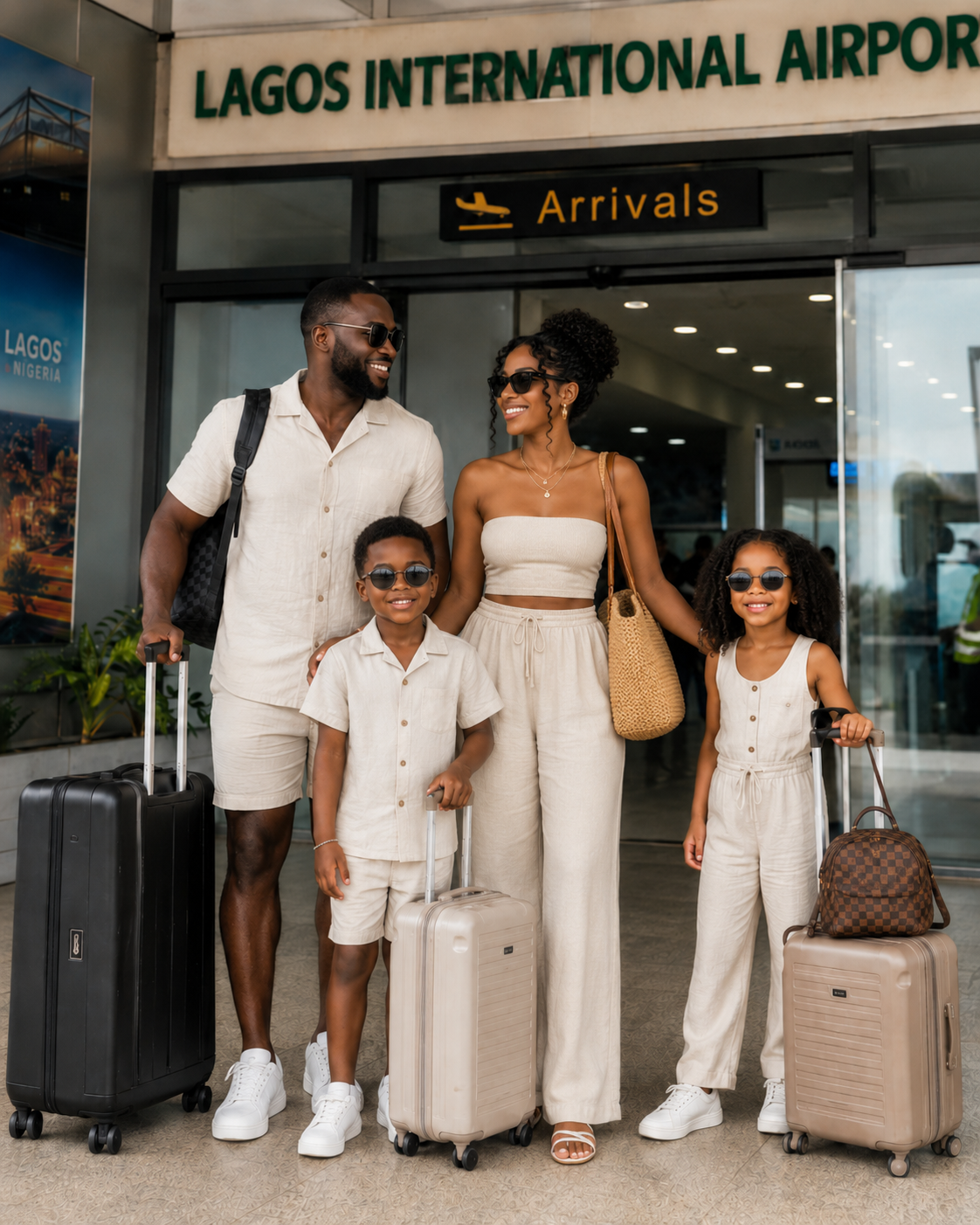 A family arriving at Lagos International Airport arrivals hall