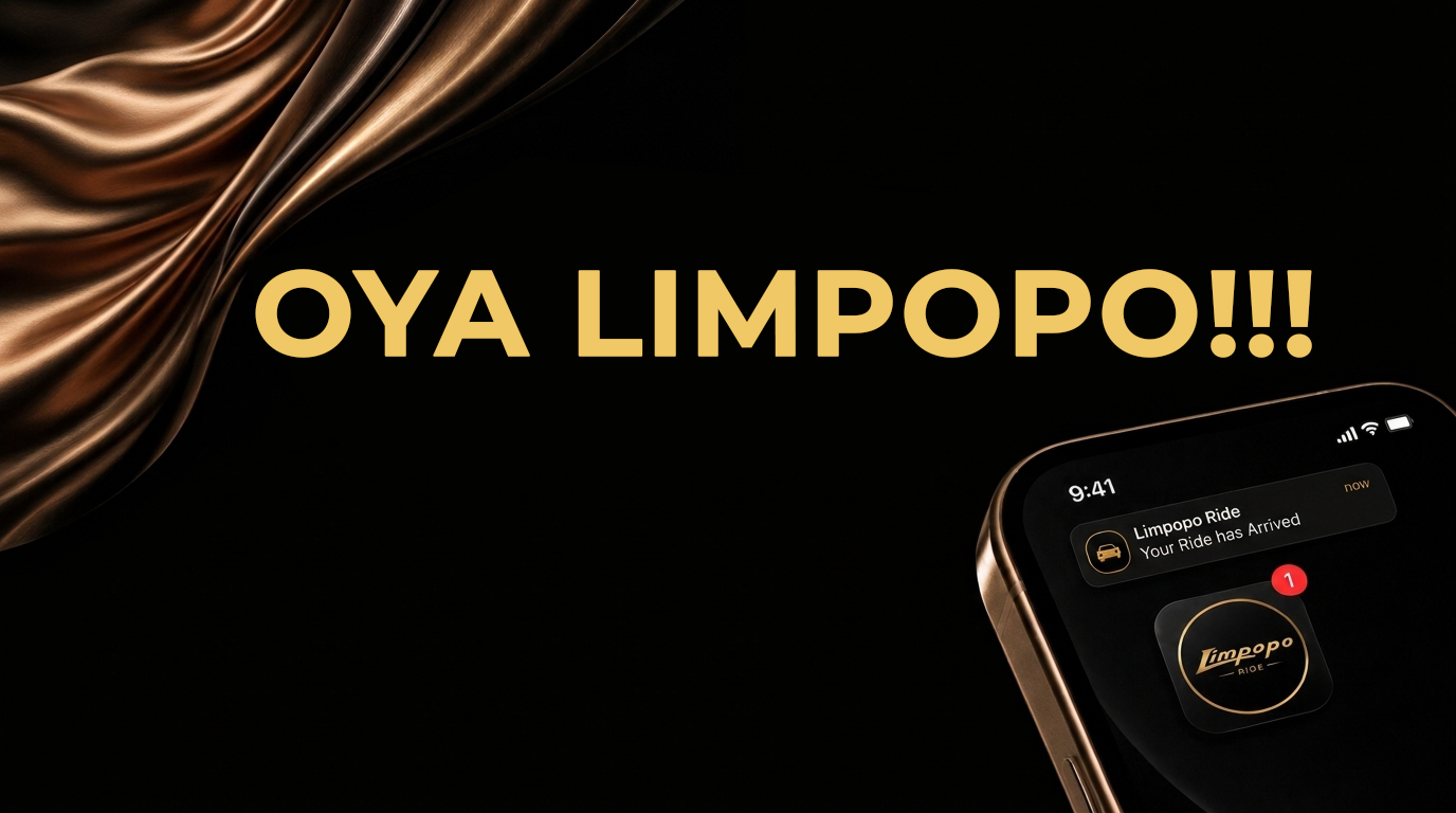 Oya Limpopo — a phone showing the Limpopo Ride notification: your ride has arrived